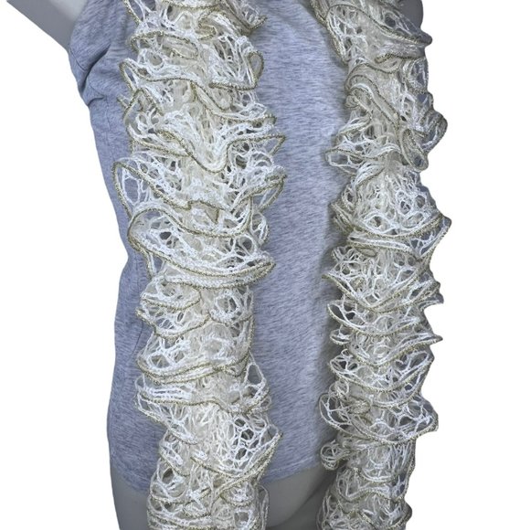 Vintage Cream and Gold Handmade Scarf Descending Scallops Crochet 80 in - Picture 2 of 5